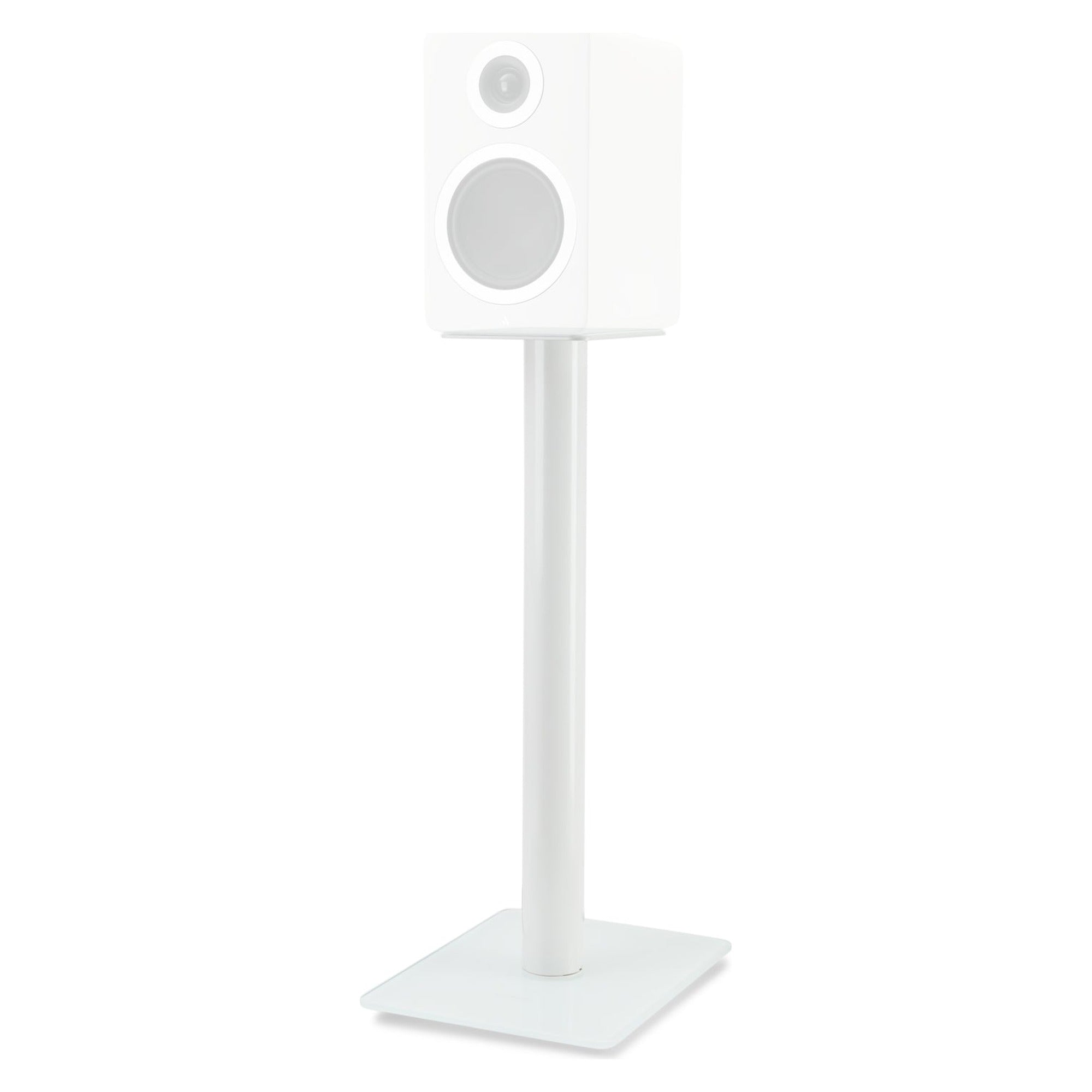 Essentials Monno 60 white stand holding a compact bookshelf speaker