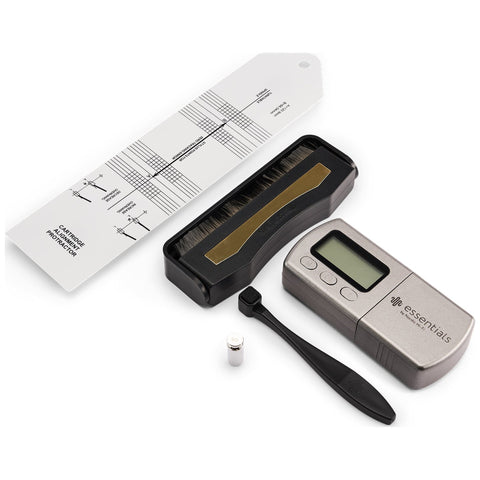 Essentials TT Vinyl Kit 200, kit contents with cartridge protractor, digital stylus gauge, record brush and stylus brush
