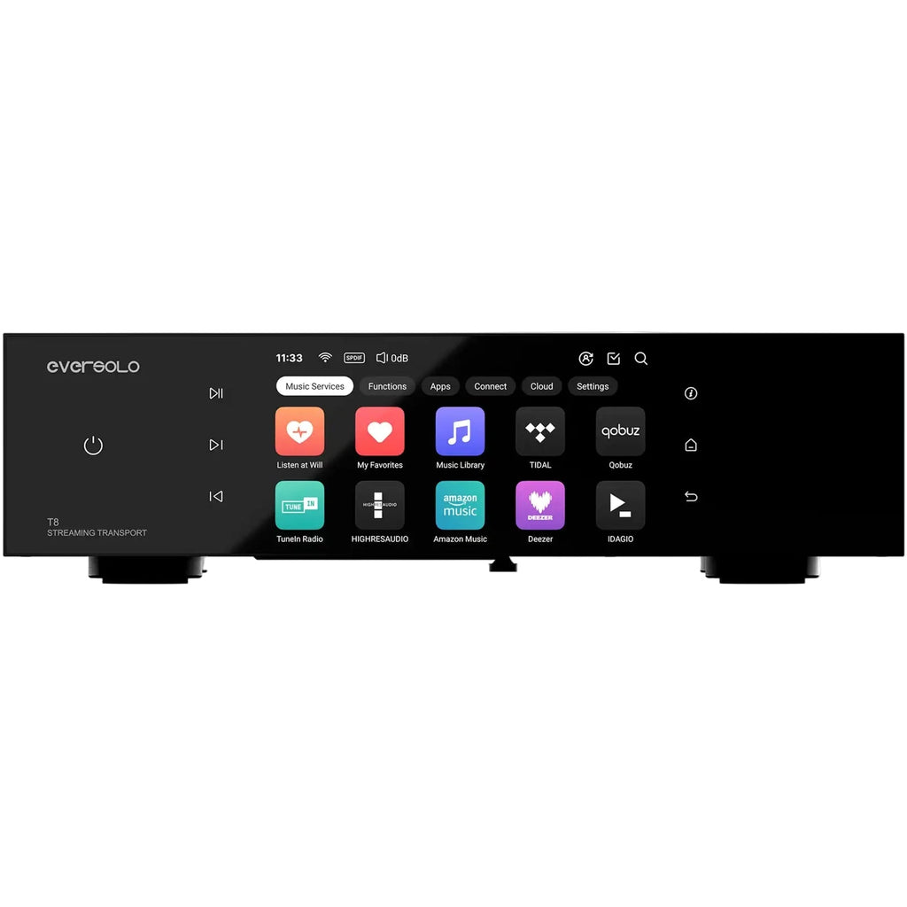 Eversolo T8 music streamer displaying front panel with digital display and control buttons, compact device for high-quality audio streaming.