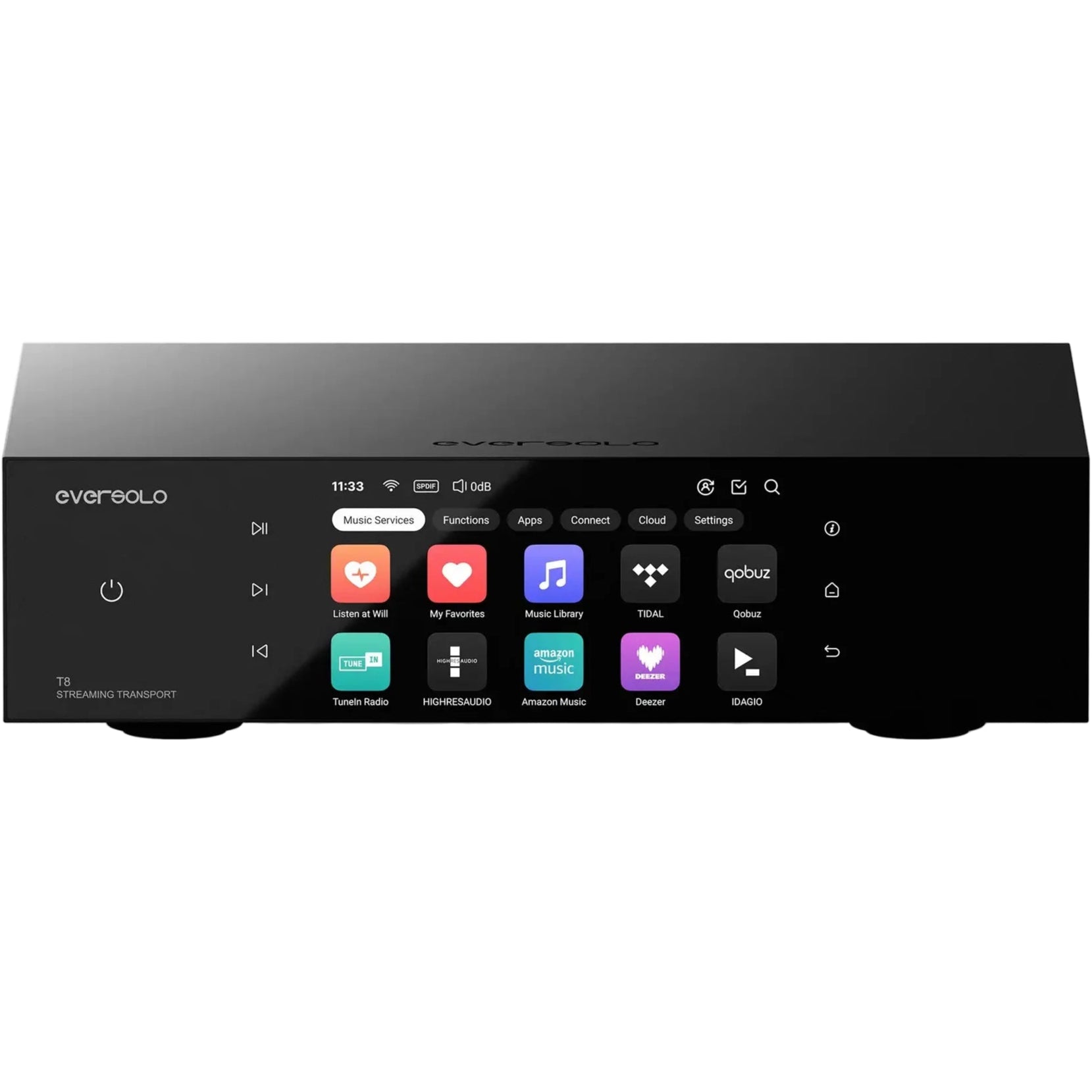 Eversolo T8 music streamer displaying its sleek front panel with digital display and control buttons.
