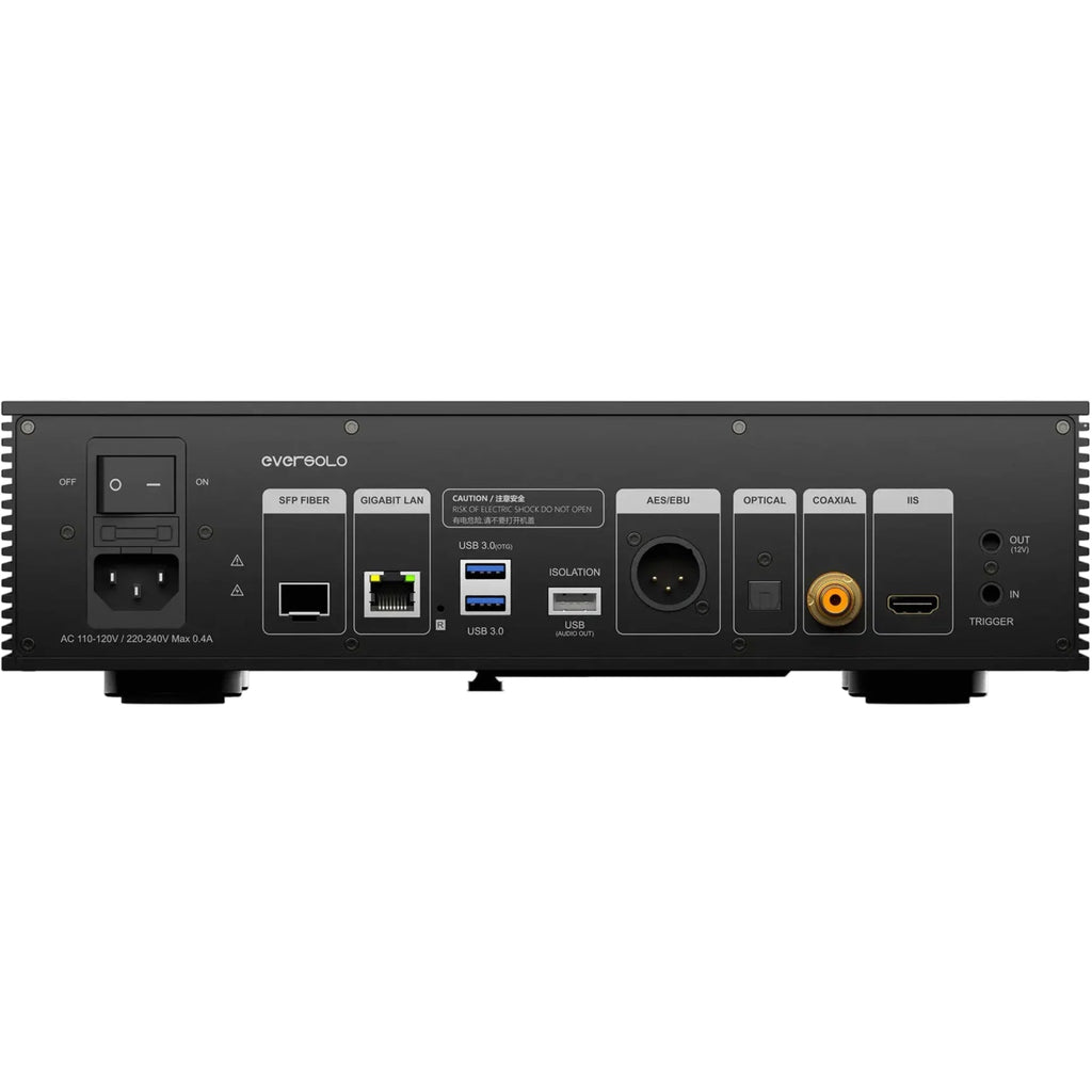 Eversolo T8 music streamer device with sleek black design and front display screen, showcasing modern audio streaming technology.
