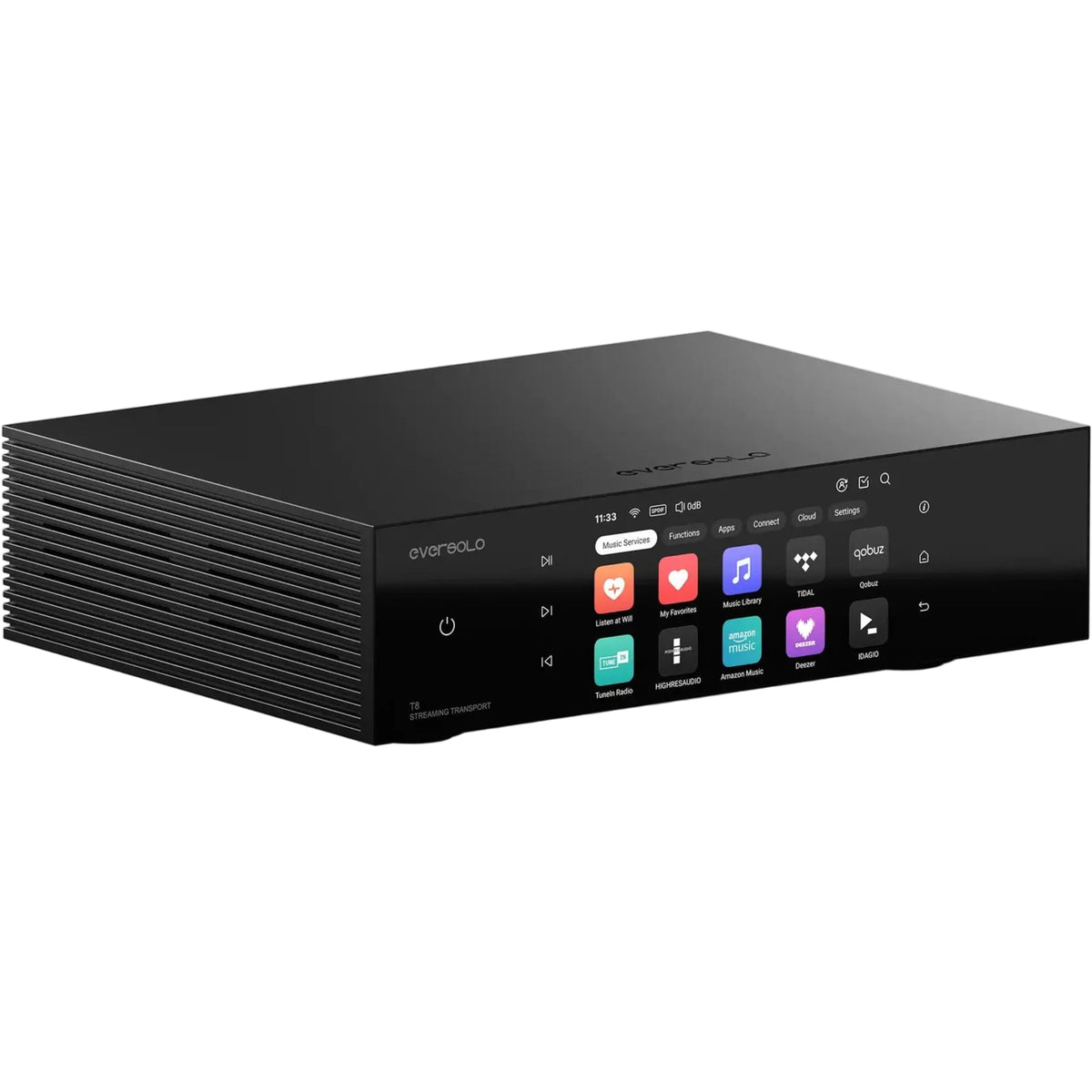 Eversolo T8 music streamer device with sleek design, front display, and control buttons for high-quality audio streaming.