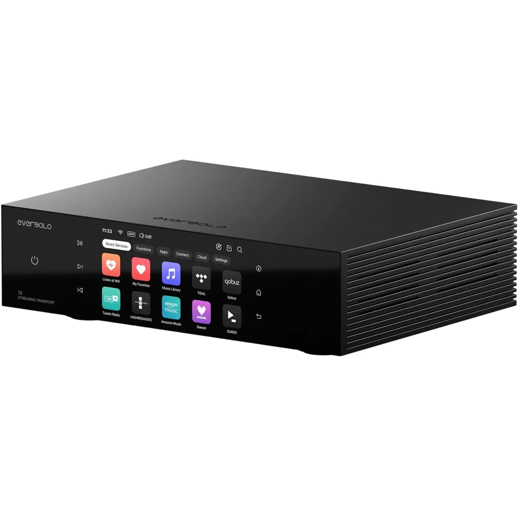 Eversolo T8 music streamer with sleek black design and front display, showcasing high-resolution audio streaming capabilities.