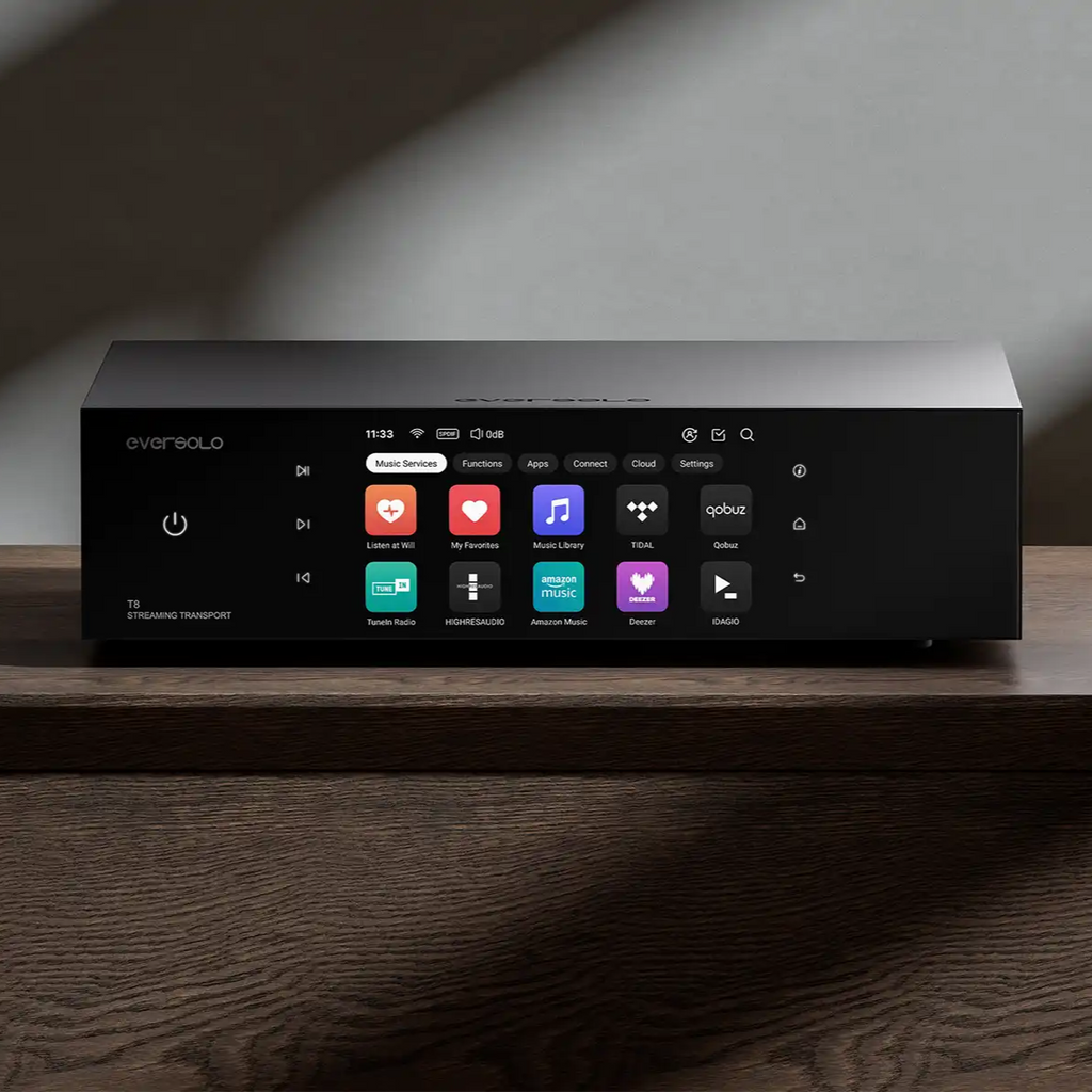 Eversolo T8 music streamer displayed with sleek design and interface, showcasing its high-quality audio streaming capabilities.