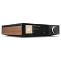 Cambridge Audio Evo 300 streaming amplifier - front three-quarter view with walnut side panel