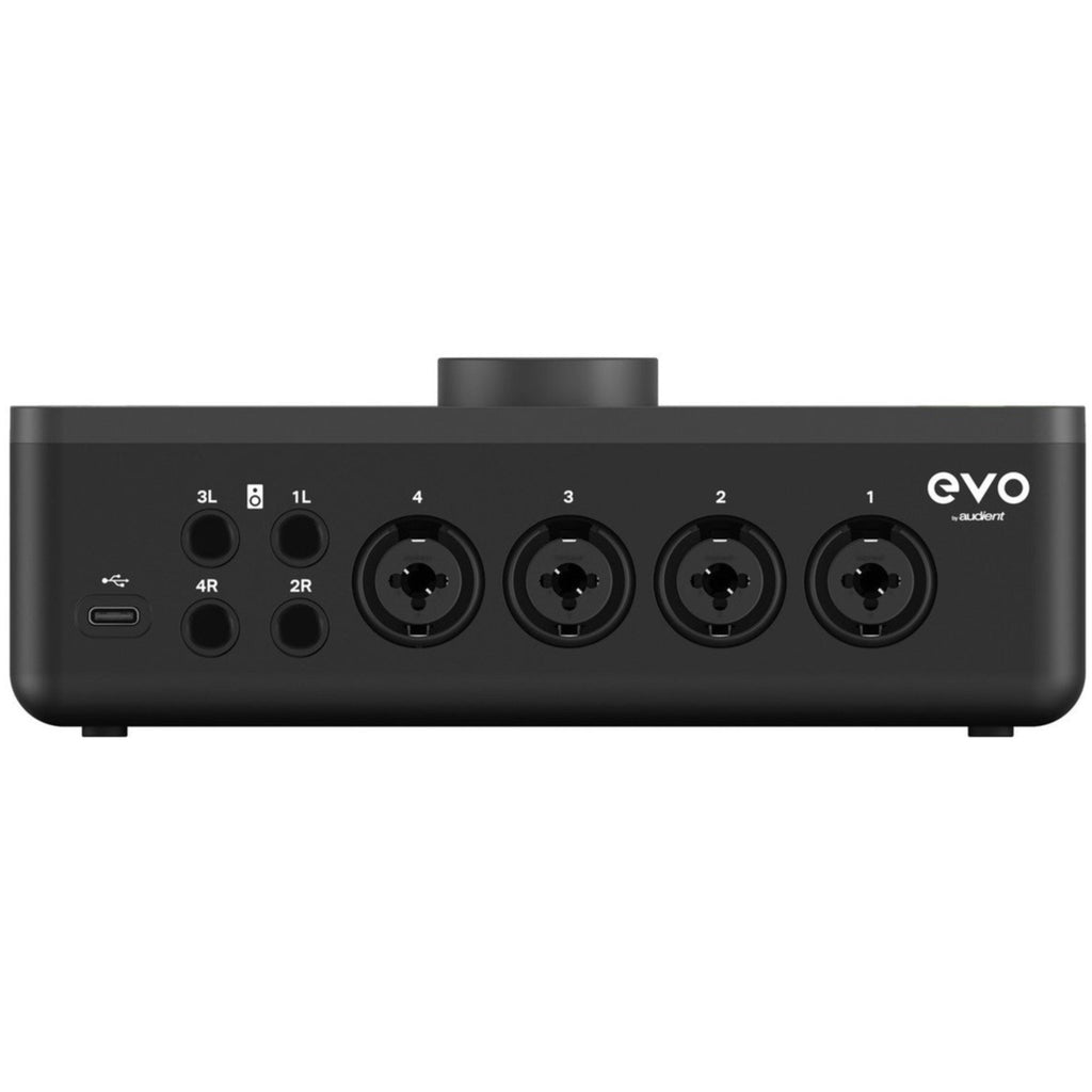Audient EVO 8 audio interface with multiple input/output ports and sleek black design, used for professional recording setups.