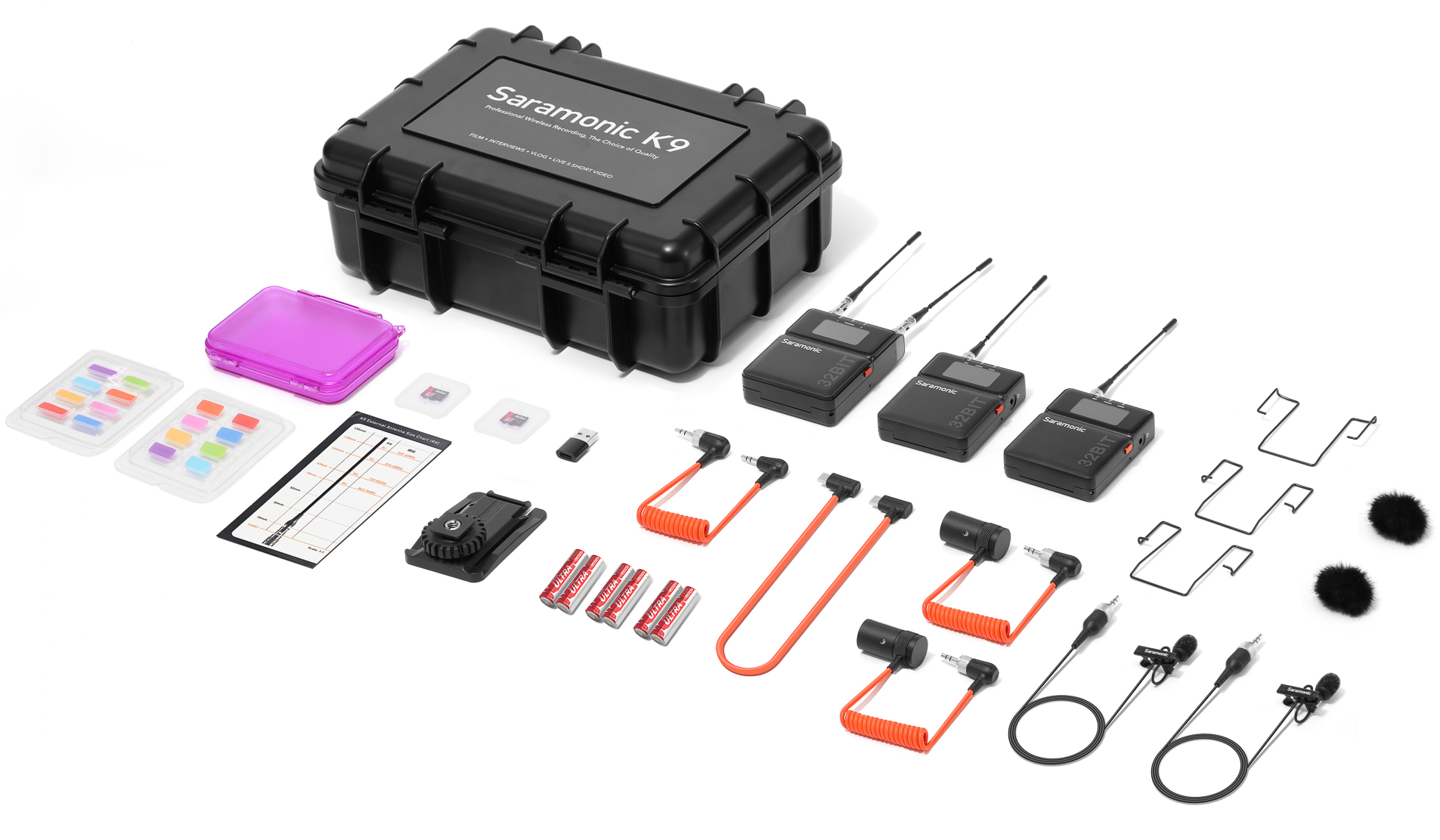 Saramonic K9 professional wireless microphone system with transmitter and receiver units on a black background.