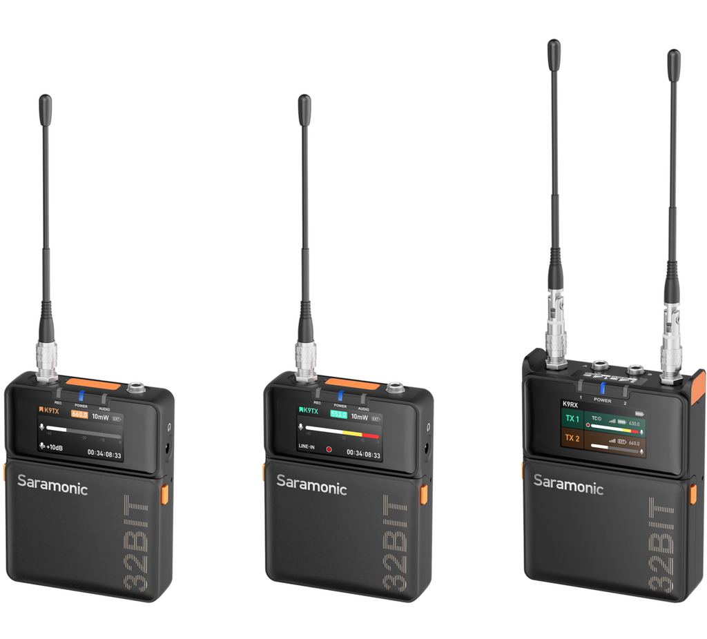 Saramonic K9 professional wireless microphone system with transmitter and receiver units on a black background