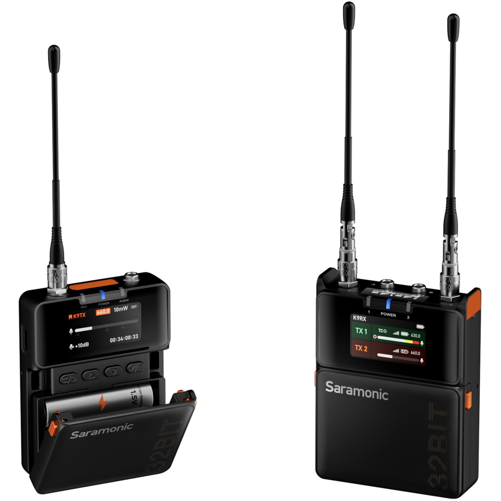 Saramonic K9 professional wireless microphone system with handheld microphone and receiver for clear audio recording.