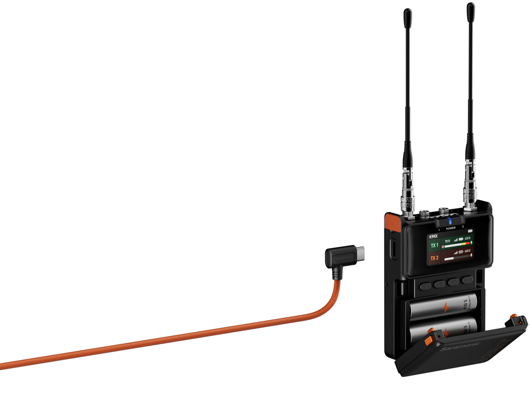 Saramonic K9 professional wireless microphone system with transmitter and receiver for clear audio recording.