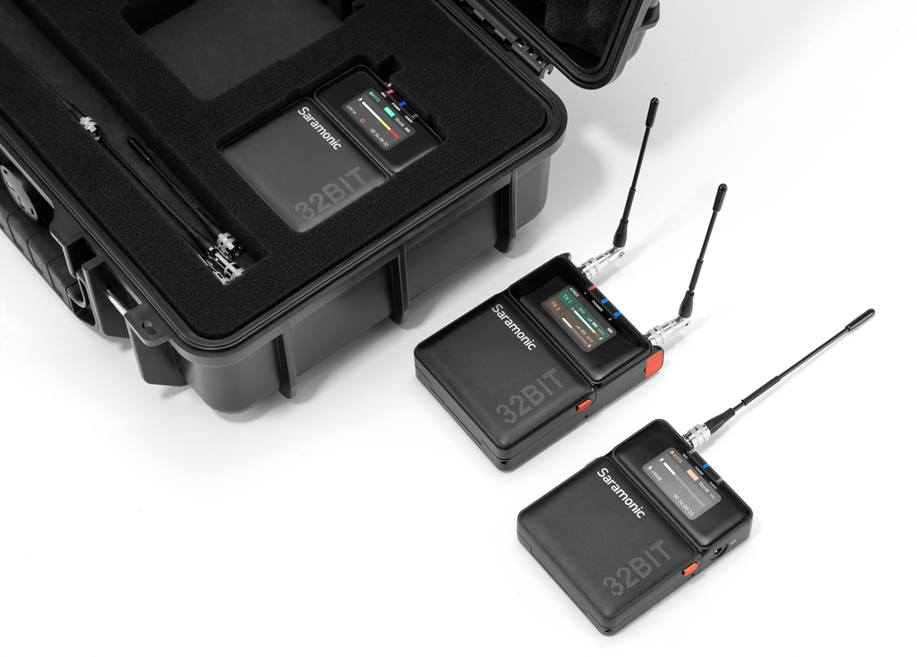 Saramonic K9 professional wireless microphone system with transmitter and receiver, compact design, and professional audio equipment.