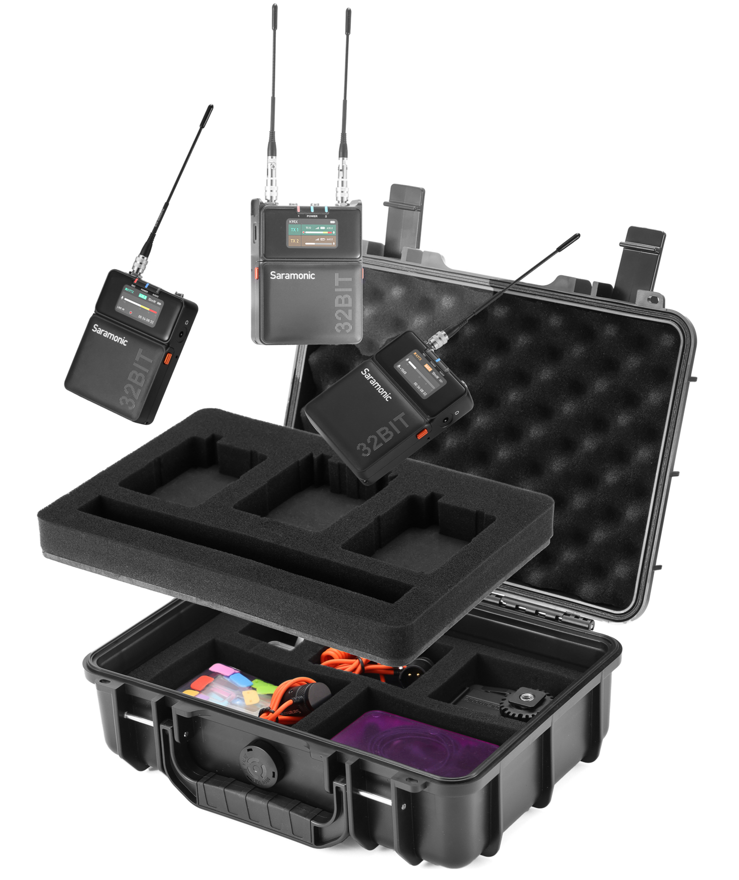 Saramonic K9 professional wireless microphone system with receiver and handheld microphone on a black background.