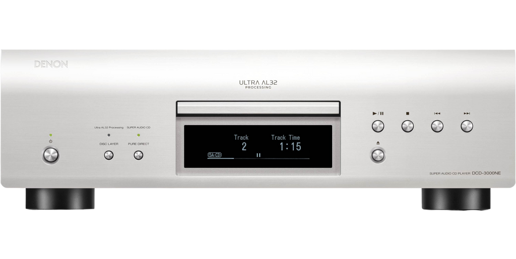 Denon DCD-3000NE CD player with sleek silver front panel and disc tray, designed for high-quality audio playback.