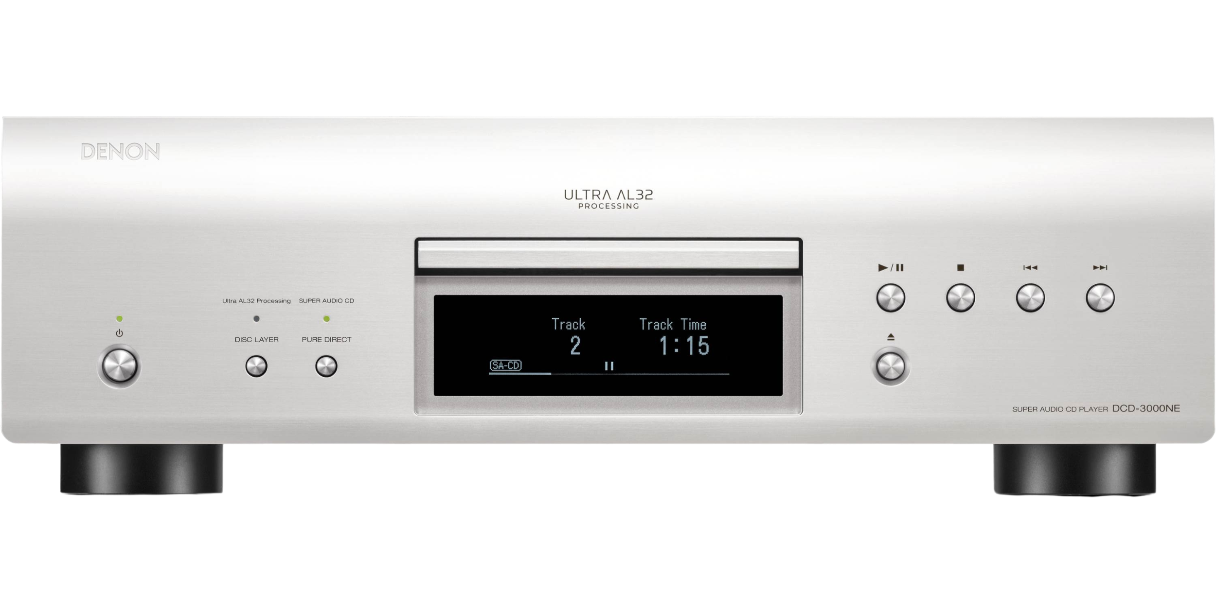 Denon DCD-3000NE CD player with sleek silver front panel and disc tray, designed for high-quality audio playback.