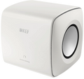 KEF KC62 subwoofer with sleek black design, compact size, and front-facing port, ideal for deep bass in home audio systems.