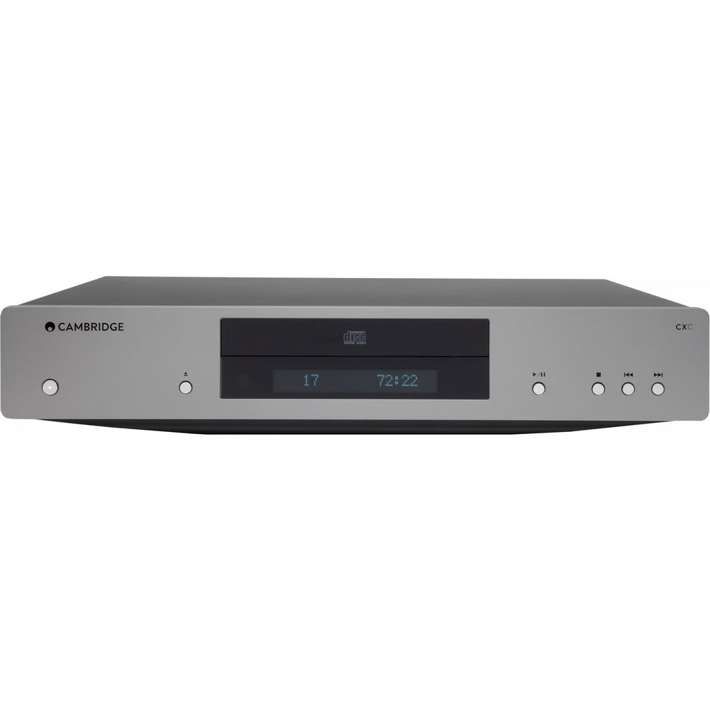 Cambridge Audio CXC CD player with sleek black design, front loading disc tray, and digital display for high-quality audio playback.