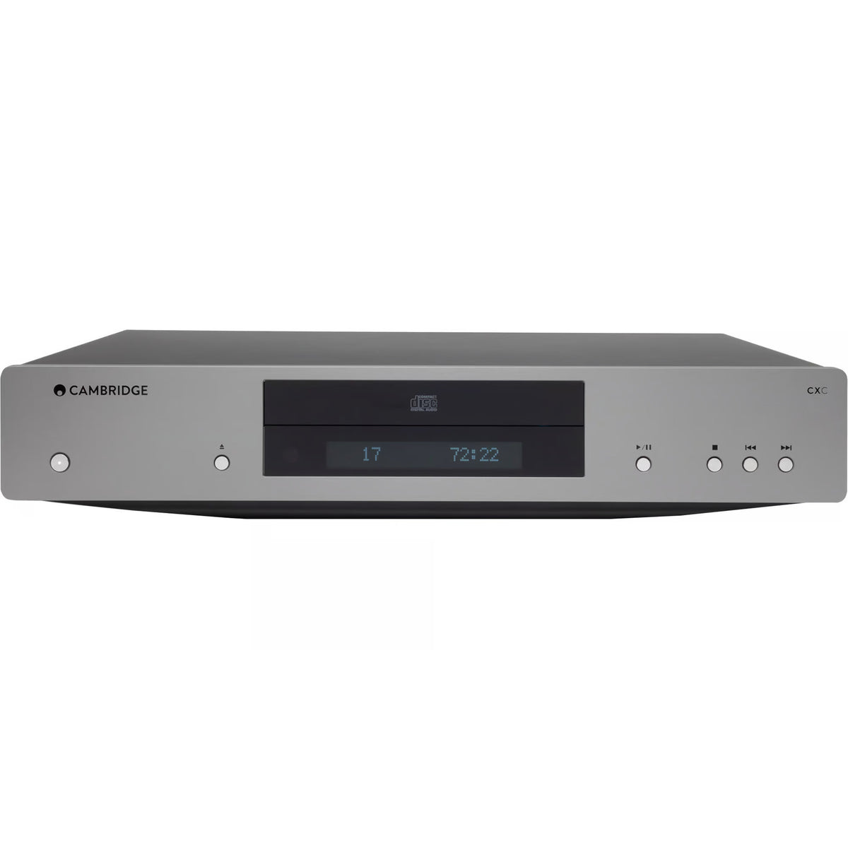 Cambridge Audio CXC CD player with sleek black design, front loading disc tray, and digital display for high-quality audio playback.