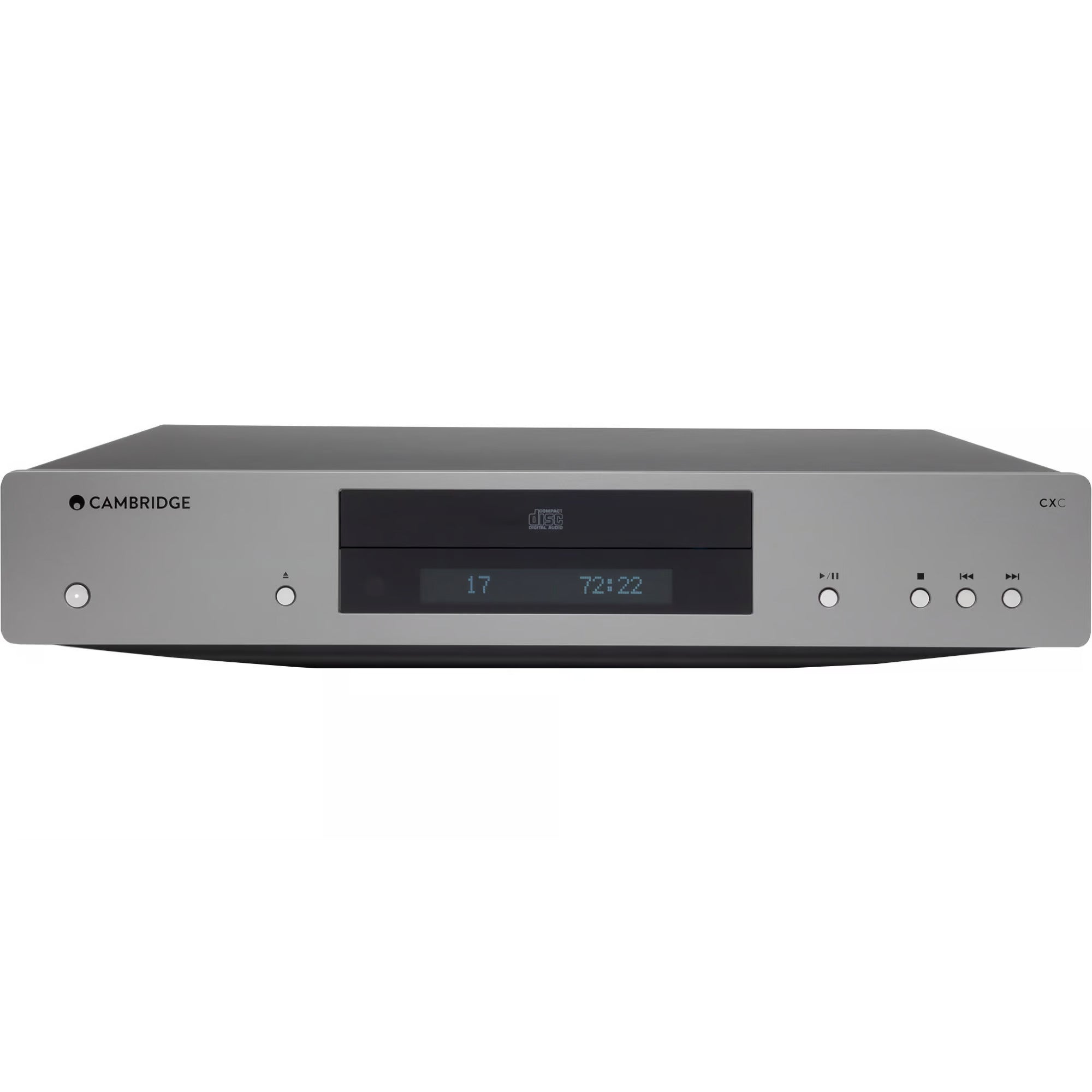 Cambridge Audio CXC CD player with sleek black design, front loading disc tray, and digital display for high-quality audio playback.