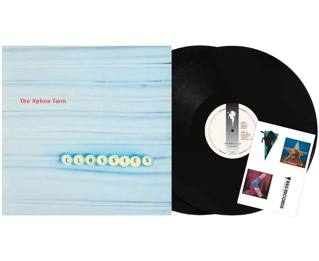 Black vinyl 2LP of Aphex Twin Classics, an electronic music album by R&S Records, with the record and cover art visible.