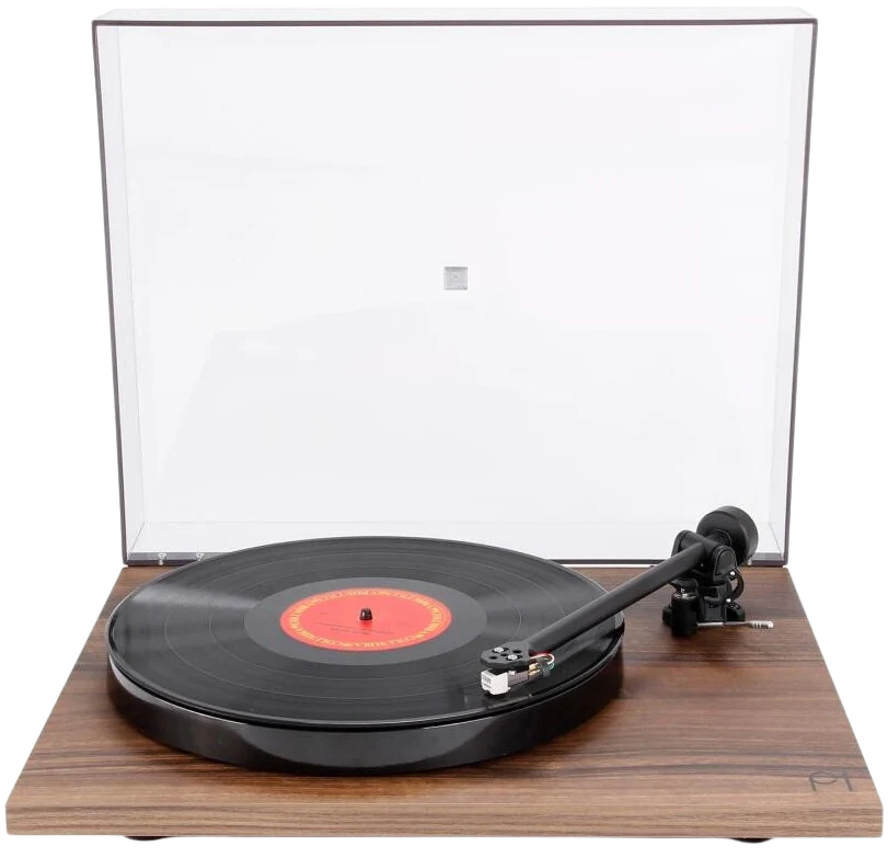 Rega Planar 1 Plus turntable with sleek black finish, tonearm, and platter, showcasing its modern design and high-quality construction.