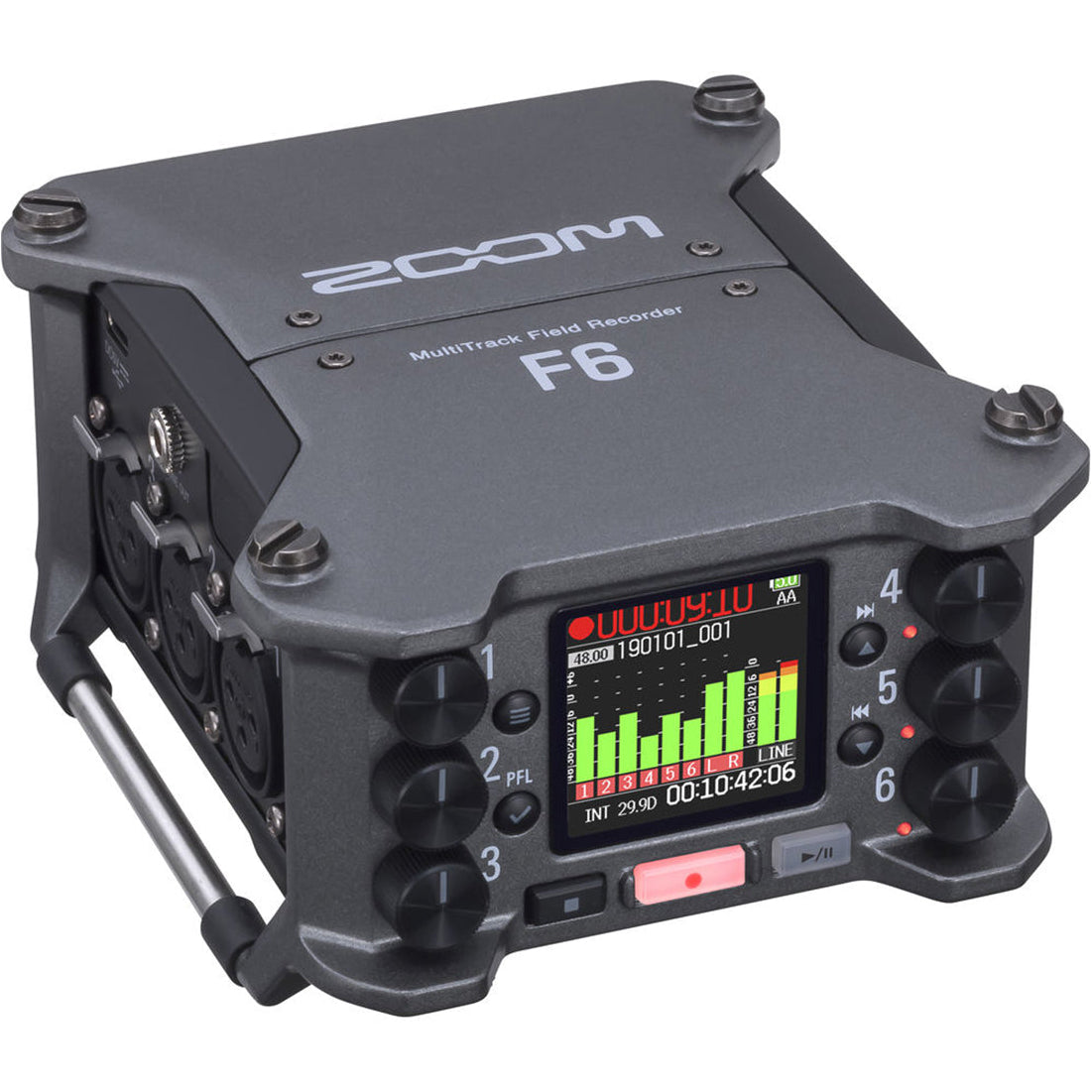 Zoom F6 digital recorder with multiple input jacks and control knobs, professional portable audio recording device