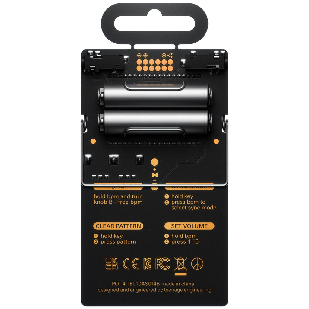 Teenage Engineering PO-14 Sub pocket synthesizer gadget showing its compact design with colorful step sequencer buttons.