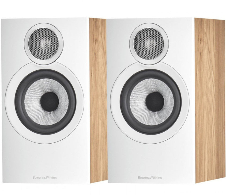 Bowers & Wilkins 607 S3 passive bookshelf speakers shown with black cabinets and stylish grille covers on a white background.