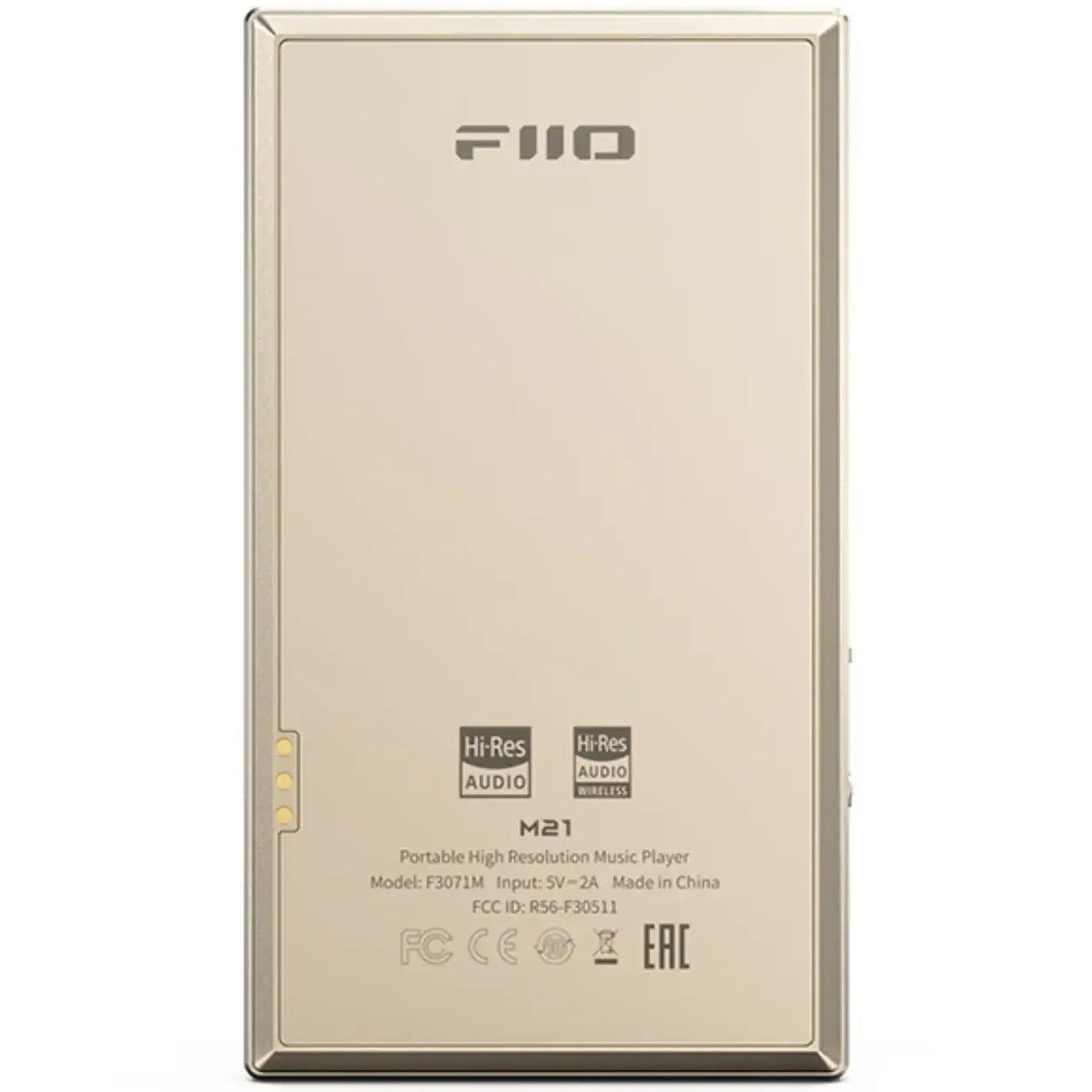 FiiO M21 portable music player in gold with touchscreen display and control buttons, showcasing sleek design and high-resolution screen.