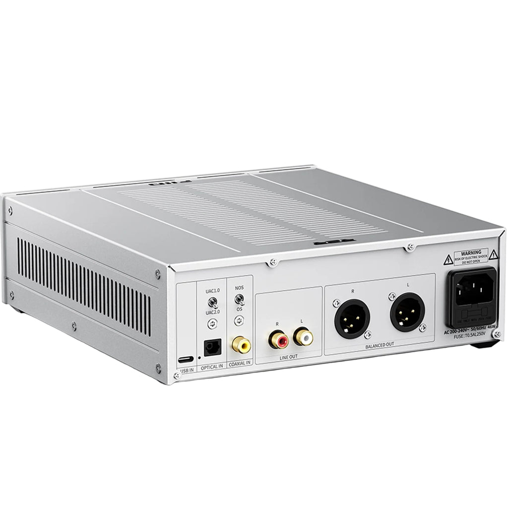 FiiO Warmer R2R headphone preamp with silver finish, featuring multiple knobs and input ports for high-quality audio enhancement.