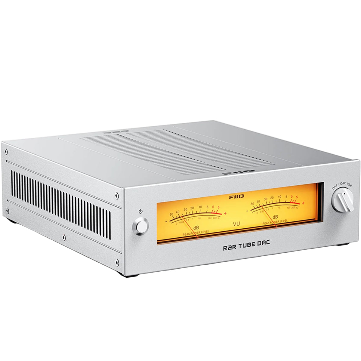 FiiO Warmer R2R headphone preamp with silver finish, featuring knobs and input/output ports for high-quality audio enhancement.