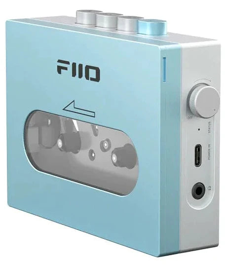 Blue FiiO CP13 portable music player with sleek design and control buttons, showcasing its compact and modern look.