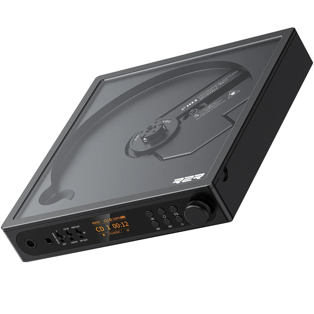 FiiO DM15 R2R portable Bluetooth CD player in black with digital display and control buttons, designed for high-quality audio playback.