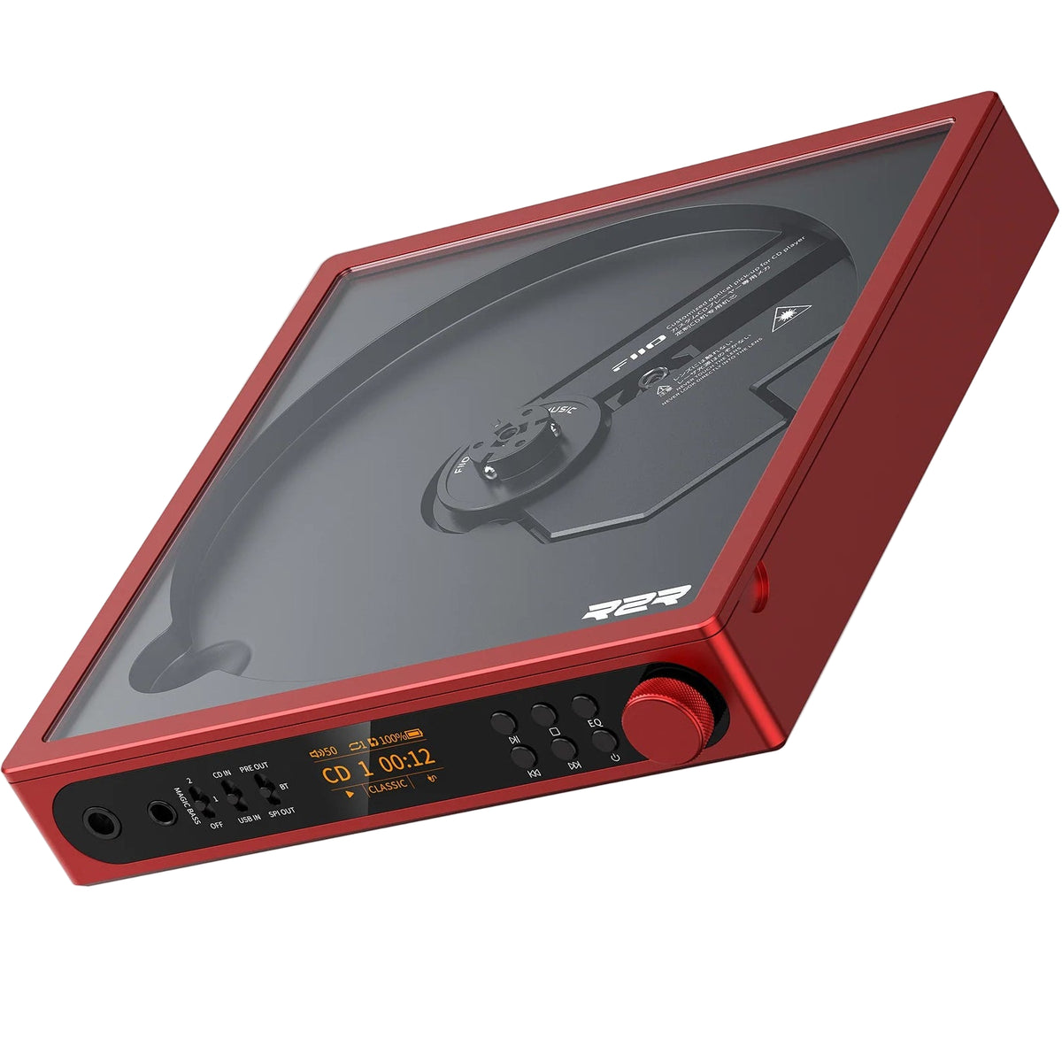 FiiO DM15 R2R portable Bluetooth CD player in vibrant red with digital display and control buttons.