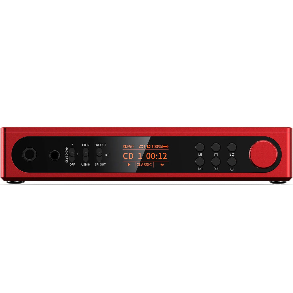 FiiO DM15 R2R portable Bluetooth CD player in red, featuring a sleek design with display and control buttons.