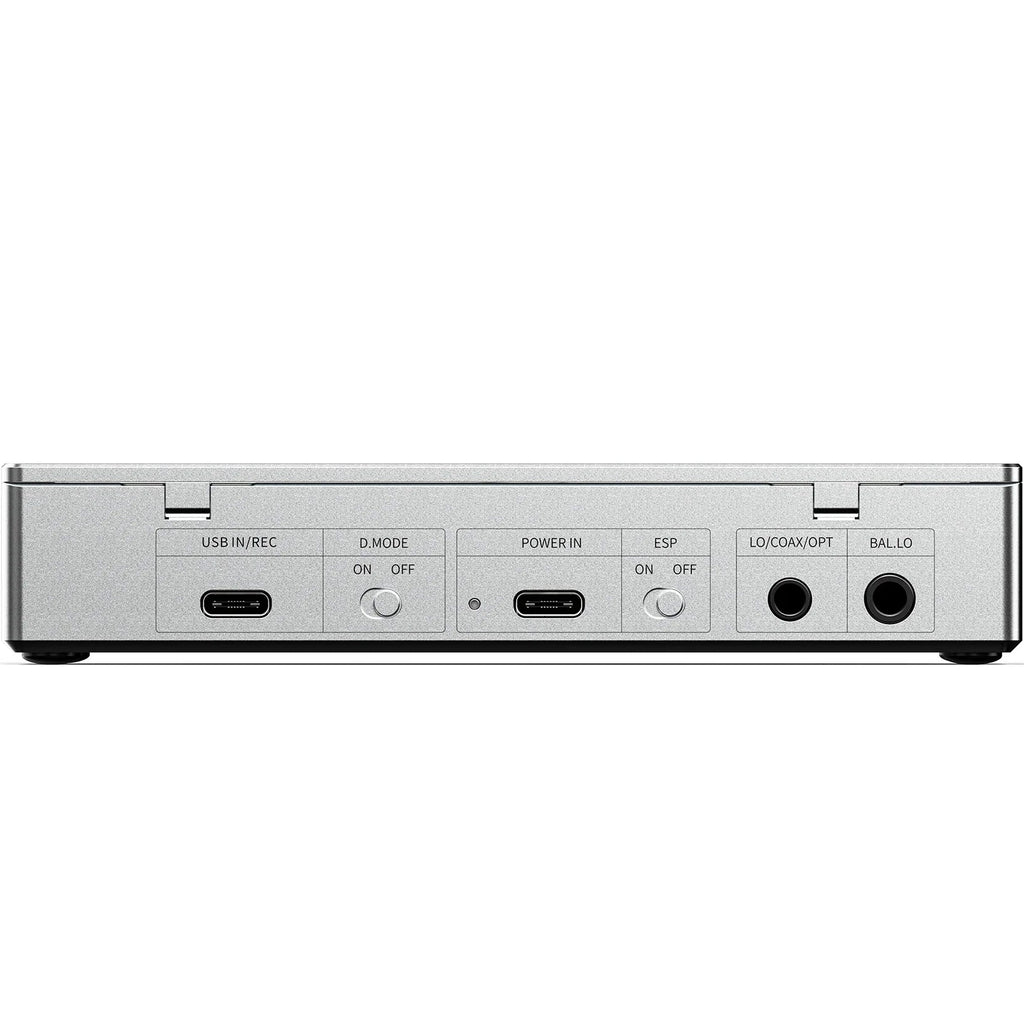 FiiO DM15 R2R portable Bluetooth CD player in silver with display screen and control buttons on top.