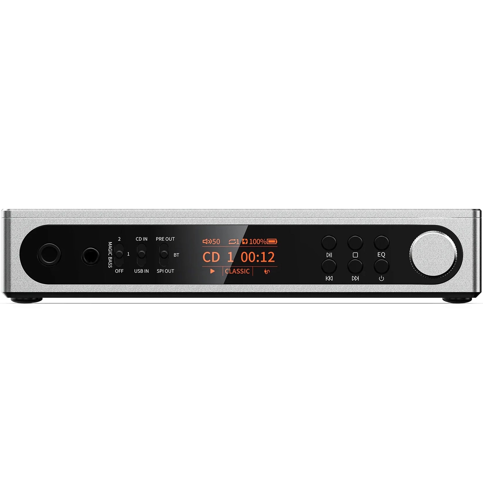 FiiO DM15 R2R portable Bluetooth CD player in silver with display screen and control buttons, designed for high-quality audio playback.