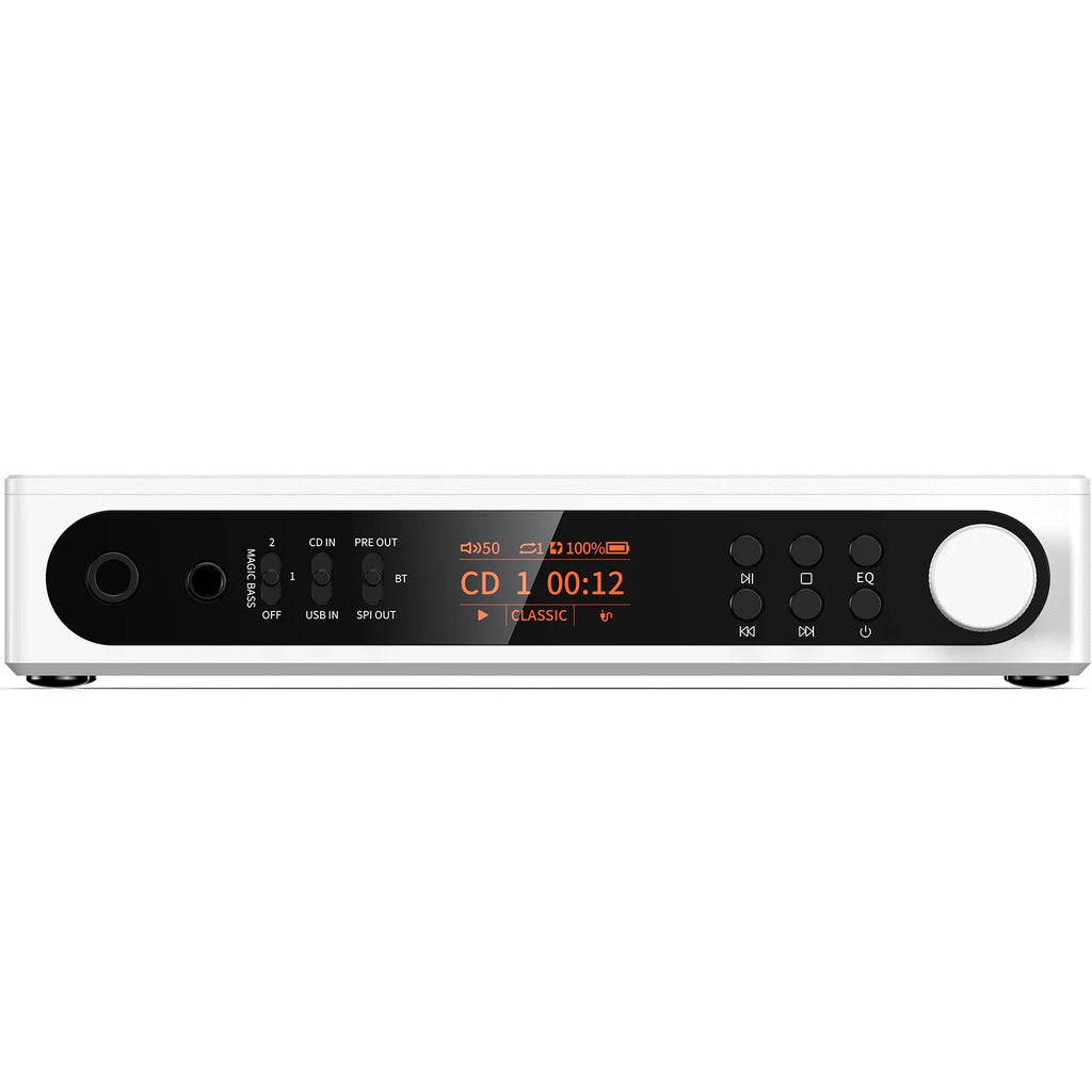 FiiO DM15 R2R portable Bluetooth CD player in white, showing front view with disc tray and control buttons.