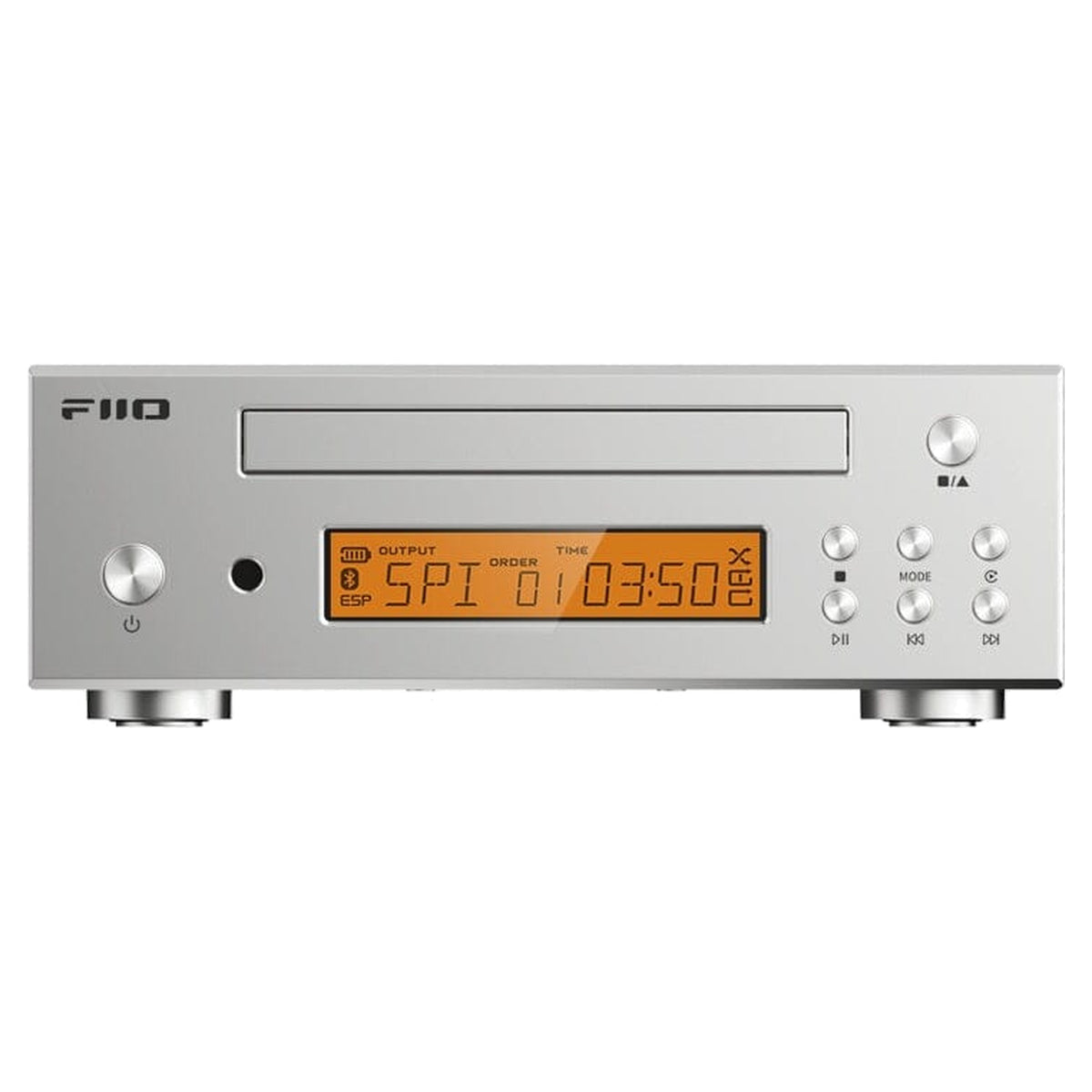 FiiO DP11 silver front panel with amber LCD display and CD tray