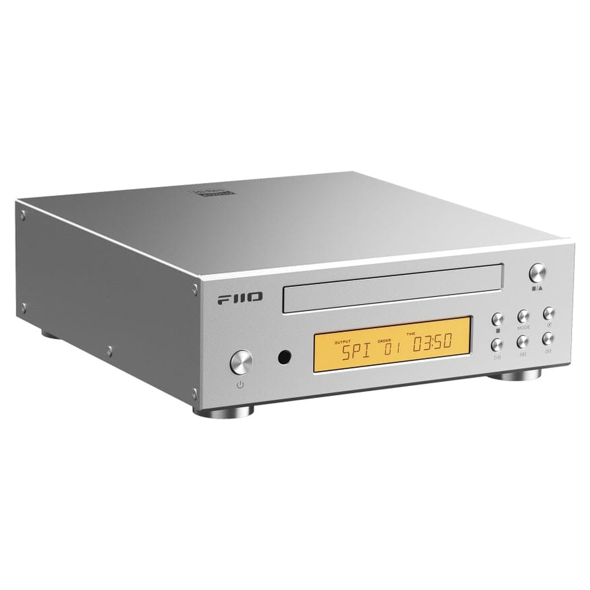 FiiO DP11 CD player in silver, three-quarter front view