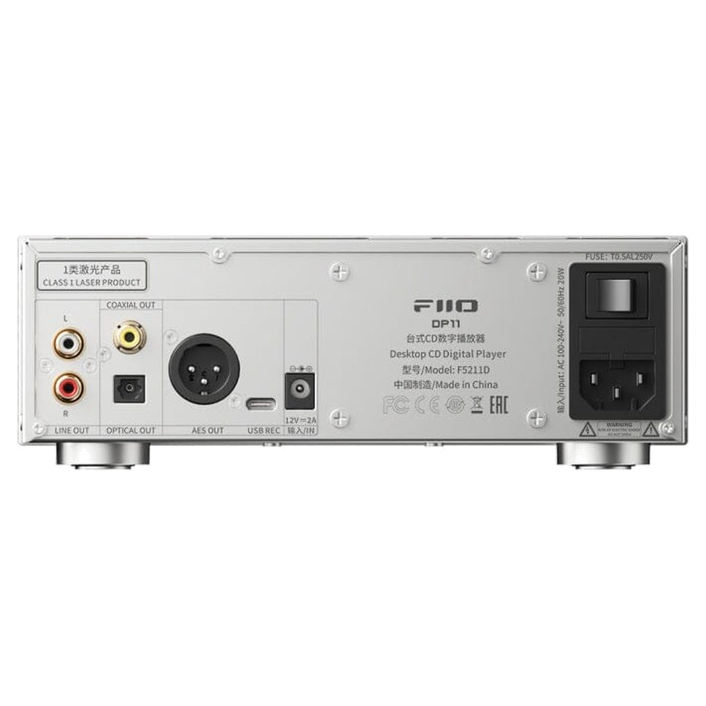 FiiO DP11 silver rear panel with RCA, coaxial, optical, AES/EBU and USB connections