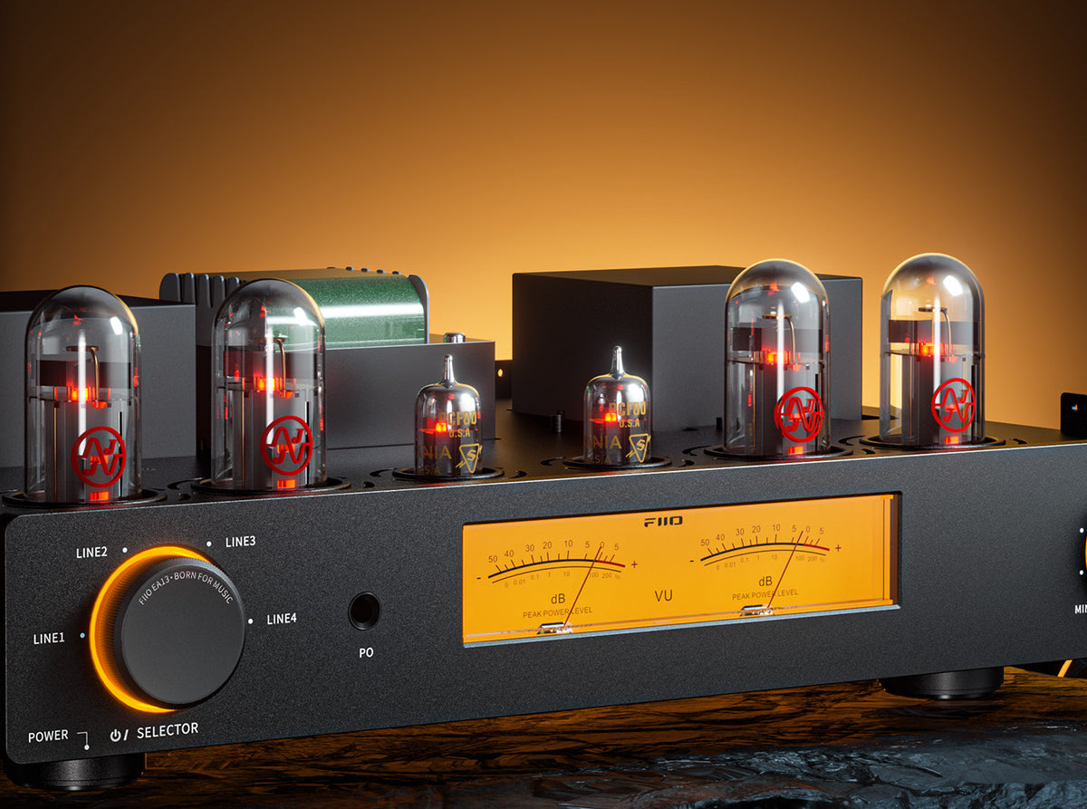 FiiO EA13 in black with the cover removed, EL34 and PCF80 tubes glowing above the VU meters
