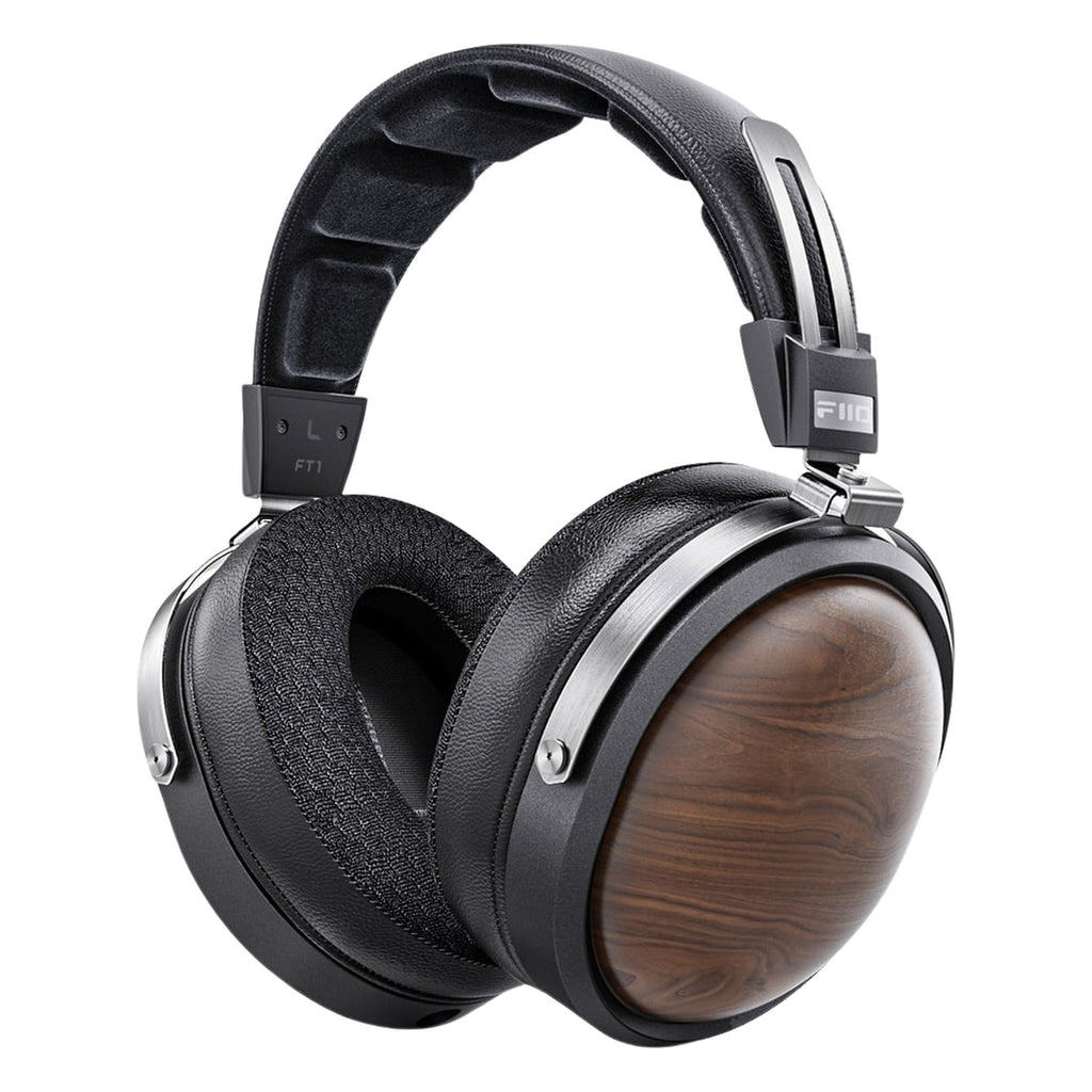 FiiO FT1 closed-back over-ear headphones with walnut wood cups, in black