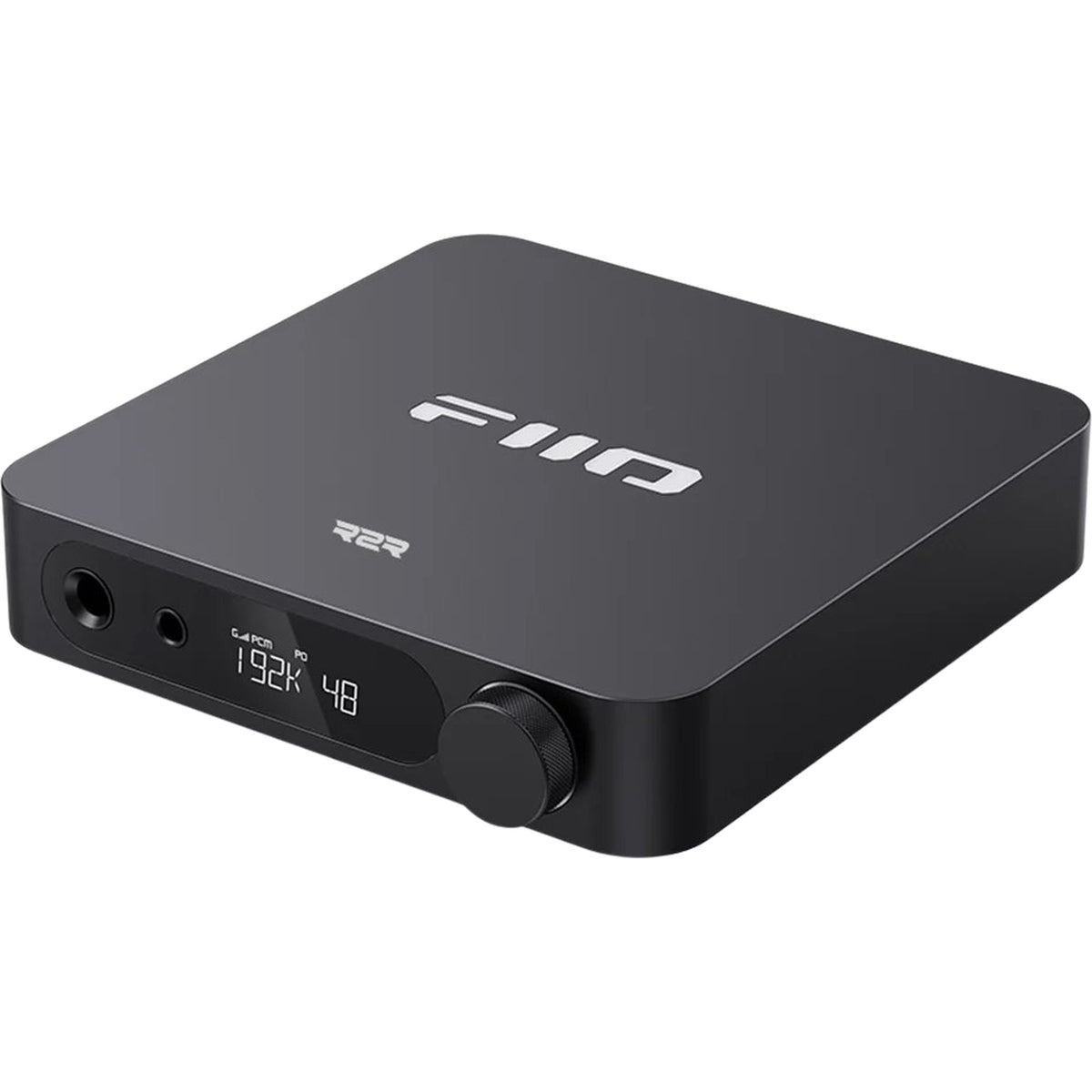 FiiO K11 R2R headphone amplifier and DAC with sleek black design and digital interface for high-quality audio output.