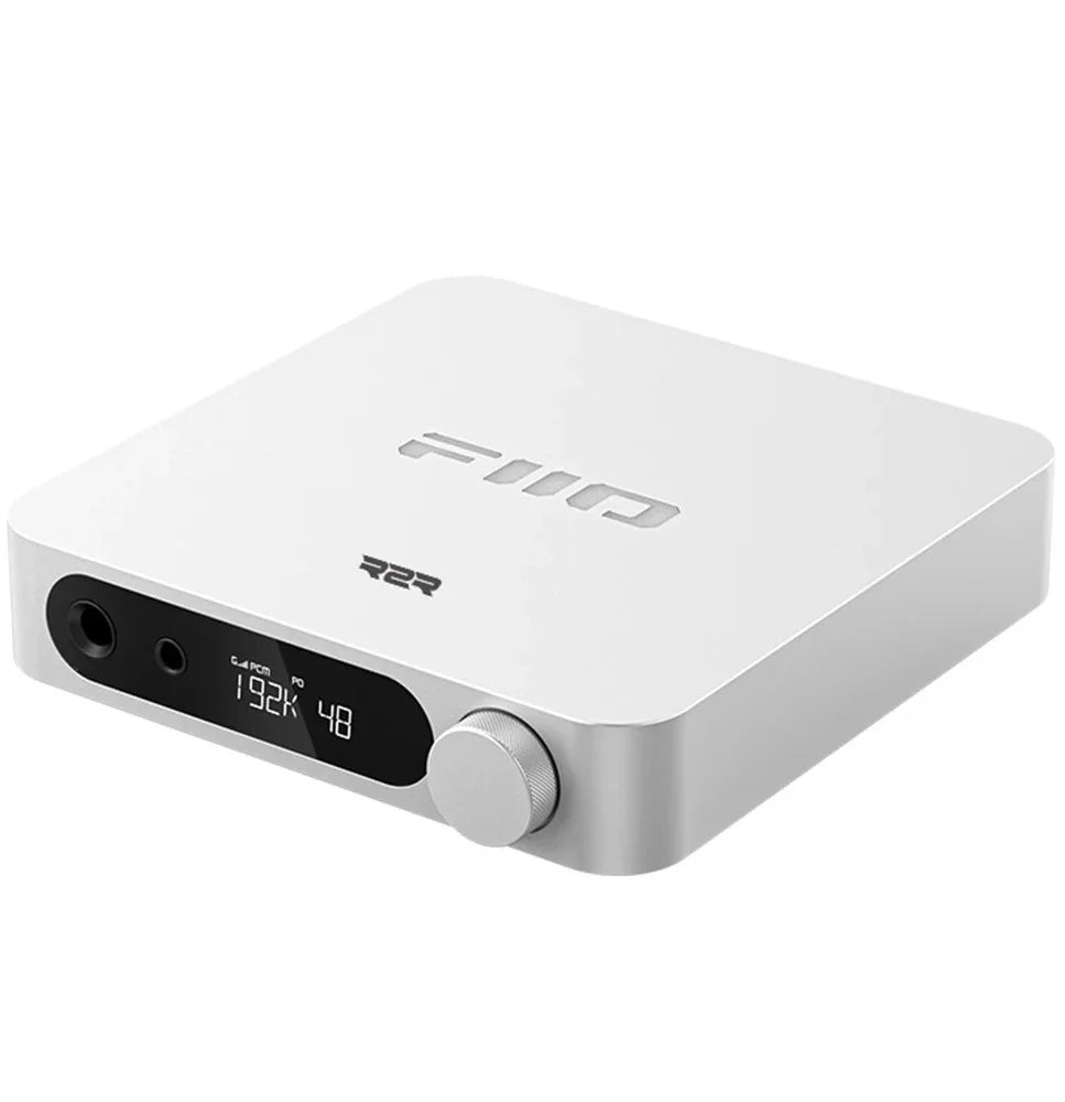FiiO K11 R2R headphone amplifier and DAC with sleek black design and front display, showcasing high-quality audio equipment.