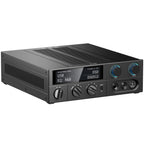 FiiO K15 headphone amplifier and DAC with AK4497S2 chip, black finish, featuring multiple input ports and a sleek design.