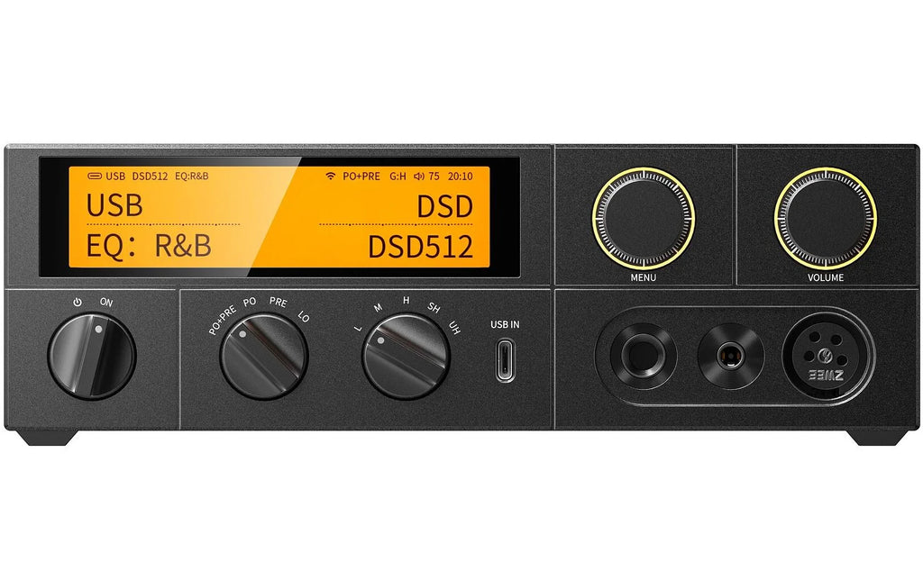 FiiO K17 desktop headphone amplifier and DAC with sleek black design and multiple input ports for high-quality audio.