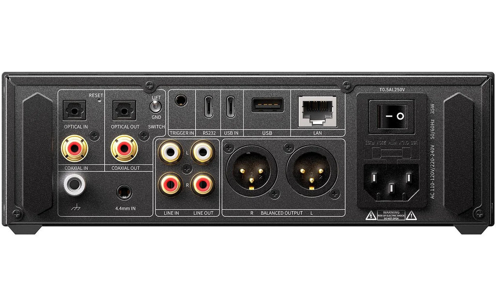 FiiO K17 desktop DAC and headphone amplifier with sleek black design and various input ports on front panel.