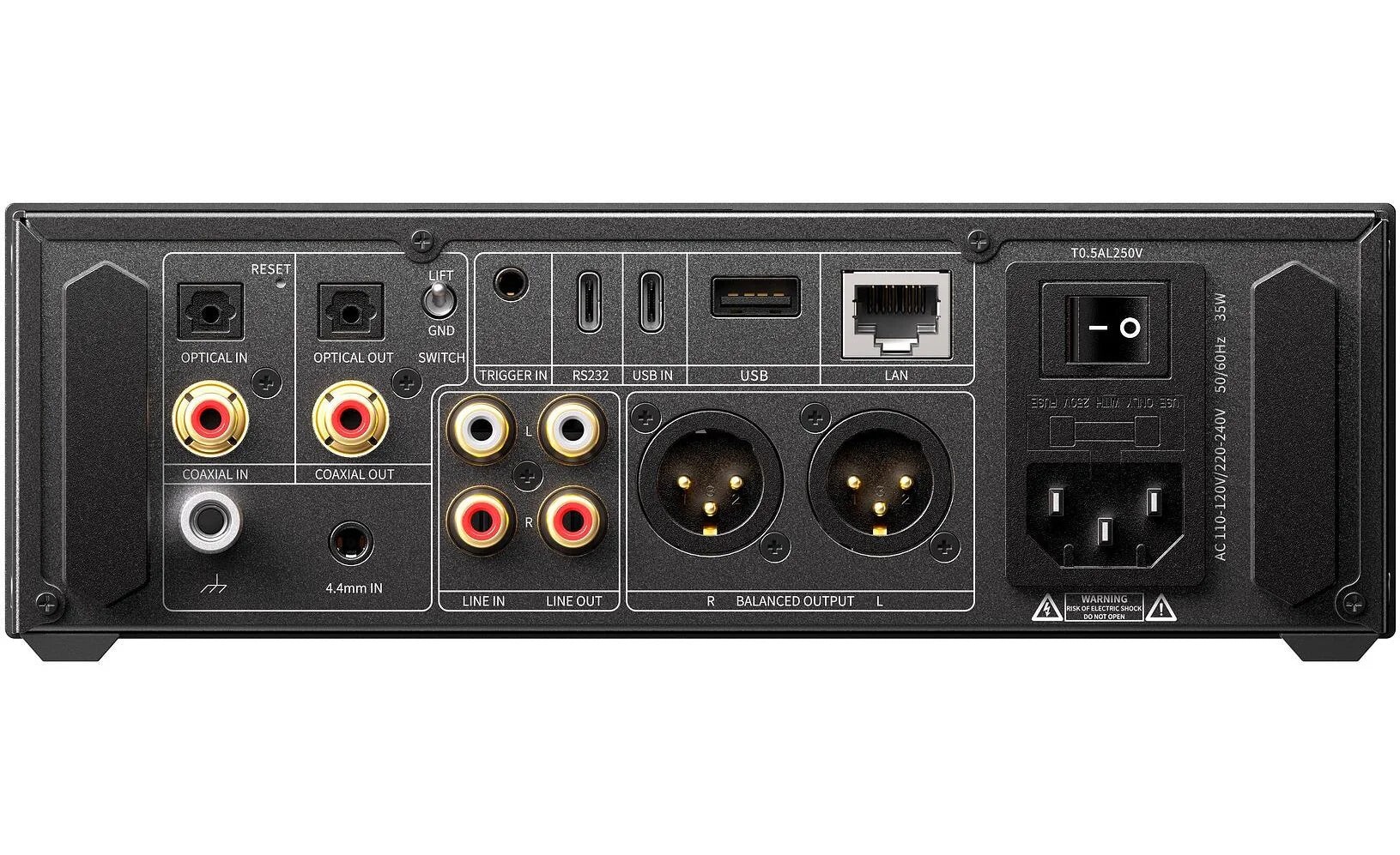 FiiO K17 desktop DAC and headphone amplifier with sleek black design and various input ports on front panel.