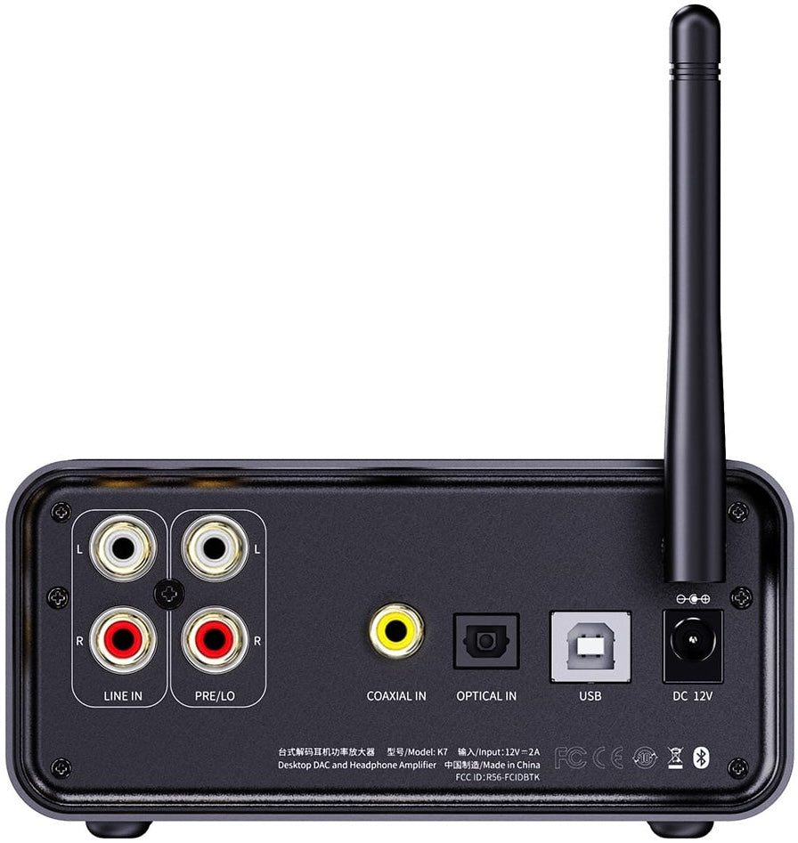 FiiO K7 BT headphone amplifier and DAC with sleek black design and multiple input options for high-quality audio.