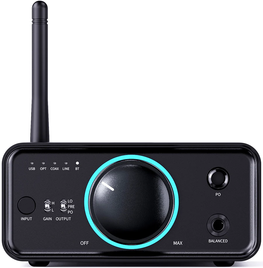 FiiO K7 BT headphone amplifier and DAC with sleek design, visible controls, and input ports on the front.